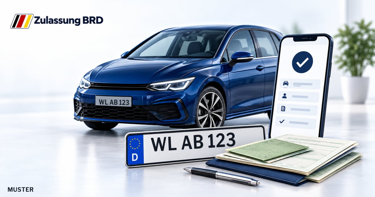 Online Fahrzeugzulassung in Tostedt: Musterkennzeichen WL AB 123, Auto und Fahrzeugpapiere und Smartphone. Illustration mit Logo von Zulassung BRD.